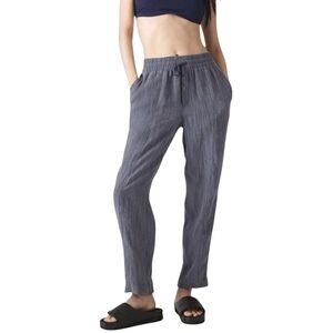 Athleta Retreat 100% Linen Ankle Crop Pants Blue Gray Drawstring Waist Casual S